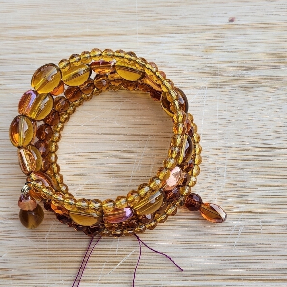 Hand Crafted Amber Beaded Memory Wire Wrap Bracelet